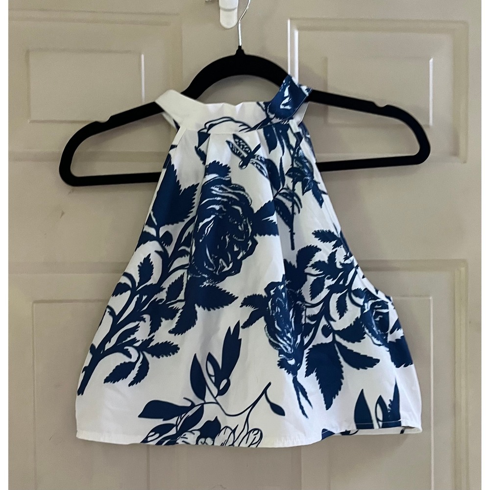 Joress Blue & White Floral Halterneck Tank Open Back Tie Bow Coquette Boho Chic